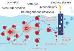 Ionic interface processes can take up a large part of the required free energy (∆G). Here, H2O dissociates and H+ are extracted for hydrogen evolution. Before solvation, the OH- ions need to overcome an energy barrier due to water ordering.