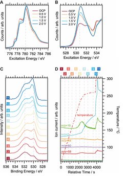 Figure 1: In situ electrochemistry of a Co film using a Nafion cell (100 mM KOH) in our NAP-XPS setups: A) Co-L edge, B) O-K edge in TEY mode (NEXAFS). C) Temperature-resolved O1s XP spectra and D) mass spectrometry data for isopropanol decomposition on Co3O4 nanoparticles (shown in the bright field image in the inset), measured at 0.5 hPa.