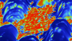 The newly developed method was used to scan the surface of a bimetallic catalyst material in an aqueous medium. The figure shows an overlay of the current signal on a three-dimensional representation of the height image. This clearly shows island-like regions.