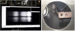 Characterizing our MCP (left) and testing a new gas cell (right). The dark stripe in the middle of the image is the result of many measurements and tells us that it may be time to order a replacement. We used the gas cell to prepare gas-phase alanine. These first measurements cost us a coating of alanine all over the inside of the machine, and we have since revised our design.