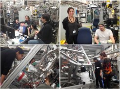 Florian explaining the wonders of the P04 soft X-ray beamline to the group (top left). Michele and Dominik taking a photo while still distracted by measurements (top right). Sebastian and Harman cleaning EASI (bottom left). Sebastian in a tight space adjusting the mu-metal shielding as Michele and Harman look on (bottom right).
