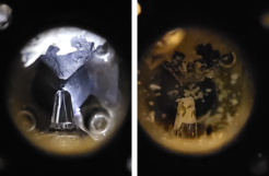 Here you can see a macro photograph of the microjet capillary (bottom), the recylcling catcher (top) and the electron analyzer skimmer (facing the camera). The picture on the left was taken when the jet assembly was clean, while the picture on the right was taken after venting the chamber due to freezing of the jet while running a 2 molar sodium iodide solution. The white deposits are the the salt left behind after water evaporated and the electron skimmer was blocked by it, preventing us from collecting electrons. A quick cleaning returned the setup to the state seen on the picture on the left and we were good to go again.