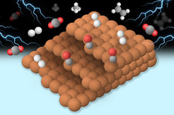 Layered brown spheres form a pyramid structure, surrounded by molecular diagrams and stylized lightning bolts.