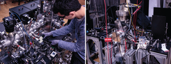 Figure 5. Photos from the lab. On the left the cryogenic buffer gas molecular beam machine and on the right the spersonic beam machine. Pictures by Eike Mucha.