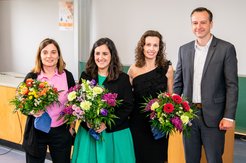 Prof. Dr. Clémence Corminboeuf, Dr. Maria Escudero Escribano, Prof. Dr. Beatriz Roldan Cuenya, and Prof. Dr. Arne Thomas (from left to right) at the Clara Immerwahr Award ceremony.