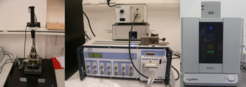 Bruker Multimode 8 AFM (left) with its Bruker Nanoscope V accessory (center). Asylum Research Cypher AFM (right) for electrochemical AFM.