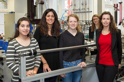 Prof. Dr. Beatriz Roldán Cuenya (ganz rechts) zusammen mit vier ihrer weiblichen Gruppenmitglieder.