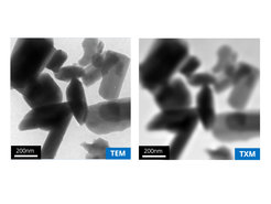 Left: Correlative microscopy images of the same sample site within the transmission electron microscope (TEM). Right: The same sample under a full-field transmission X-ray microscope TXM at the U41 beamline at BESSY II, HZB) in a gas atmosphere.