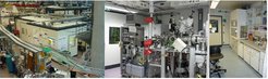 Fig. 4: left panel a) ISISS hutch at BESSY, middle panel b) HP-XPS inside hutch, right panel c) Preparation lab